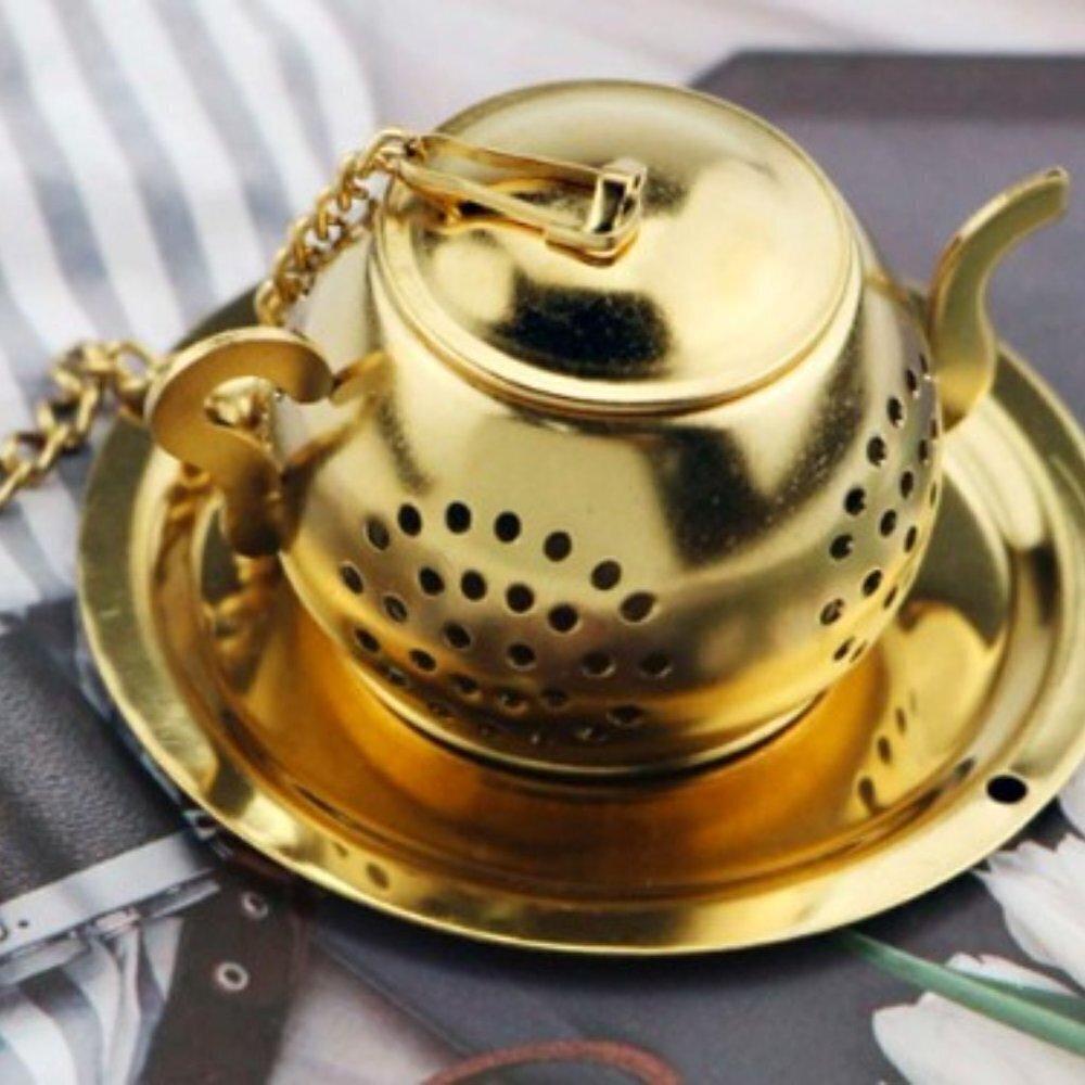 Tea Strainer Teapot Design Loose Tea Gold Tone Stainless